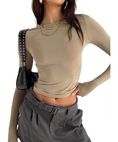 Womens Going Out Long Sleeve Slim Fit Basic Crop Top Y2k Fitted Tee Shirt Skinny Tight T-Shirt Streetwear C Khaki $10.25 T-Sh...