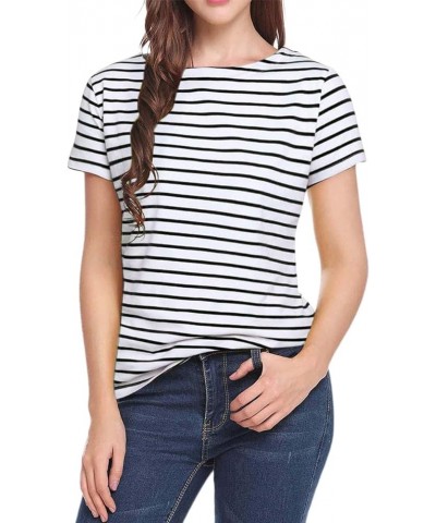 Women's Striped Shirt Short Sleeve Tops Crewneck T-Shirt Basic Tees A-navy White $7.66 T-Shirts