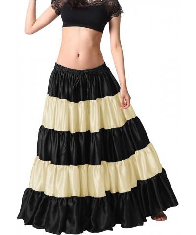 Women's Satin 25 Yard 5 Tiered Gypsy Belly Dance Skirt Flamenco Black / Cream $26.84 Skirts