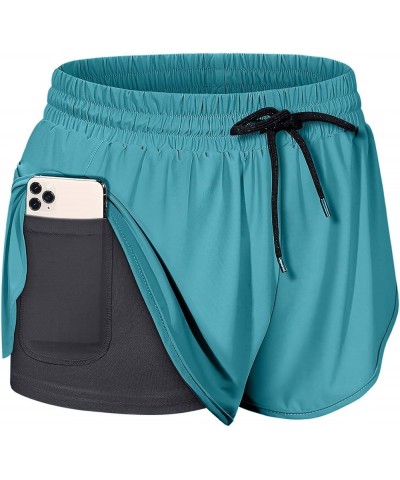 Women Drawstring Waist Athletic Running Shorts with Liner Inner Pocket Green $11.30 Shorts