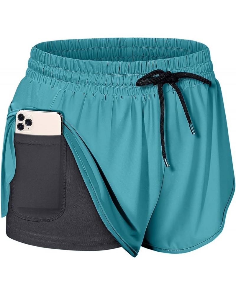 Women Drawstring Waist Athletic Running Shorts with Liner Inner Pocket Green $11.30 Shorts