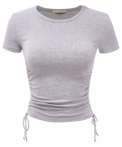 Women Long Sleeve Rib Sexy Front Shirred Crop Top Tee A Heather Grey $11.48 T-Shirts