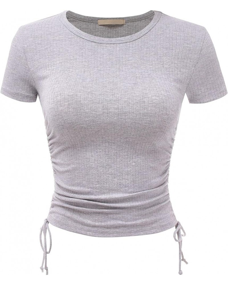 Women Long Sleeve Rib Sexy Front Shirred Crop Top Tee A Heather Grey $11.48 T-Shirts