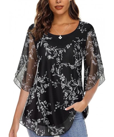 Womens Ruffle 3/4 Sleeve Mesh Blouses Loose Flowy Tops with Elasticity Black Floral $18.89 Blouses