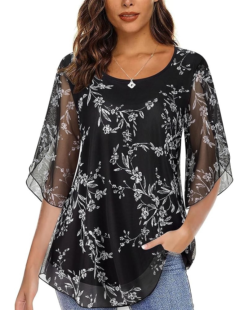 Womens Ruffle 3/4 Sleeve Mesh Blouses Loose Flowy Tops with Elasticity Black Floral $18.89 Blouses