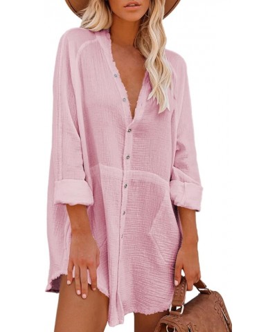 Women's Button Down Shirt Dress Oversized Long Sleeve Swimsuit Cover Ups Beach Dresses 01pink $19.58 Swimsuits