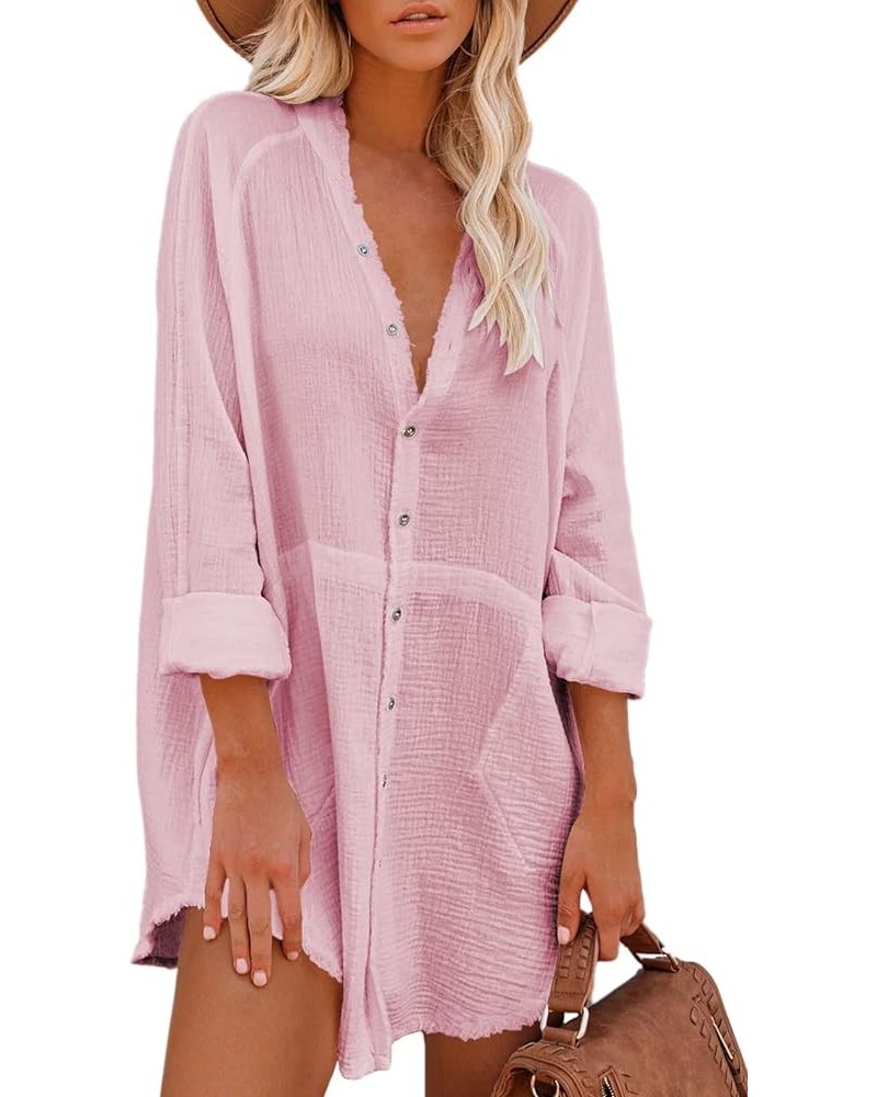 Women's Button Down Shirt Dress Oversized Long Sleeve Swimsuit Cover Ups Beach Dresses 01pink $19.58 Swimsuits