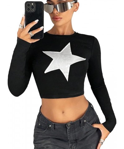 Women's Y2k Tops Star Print Crewneck Long Sleeve Crop Top Casual Slim Fit T Shirt Black $9.00 T-Shirts