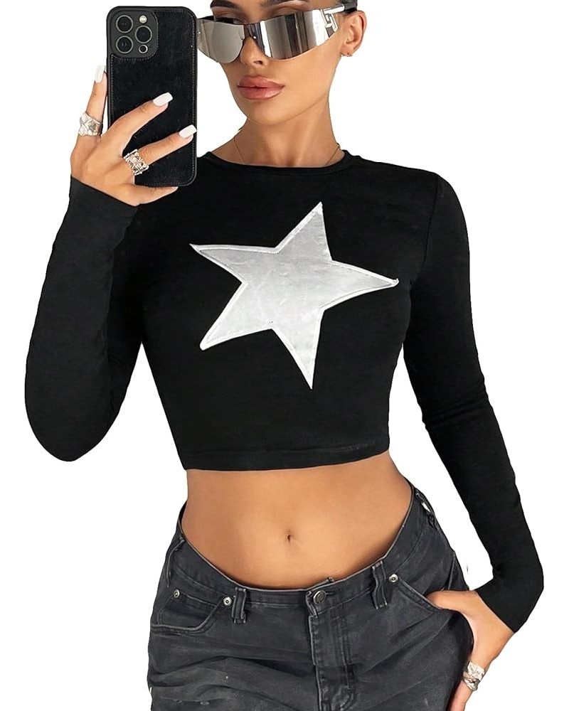 Women's Y2k Tops Star Print Crewneck Long Sleeve Crop Top Casual Slim Fit T Shirt Black $9.00 T-Shirts