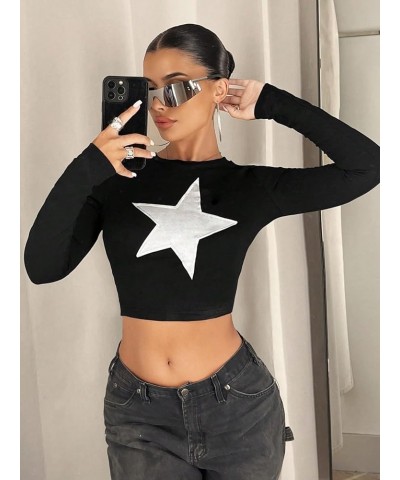 Women's Y2k Tops Star Print Crewneck Long Sleeve Crop Top Casual Slim Fit T Shirt Black $9.00 T-Shirts