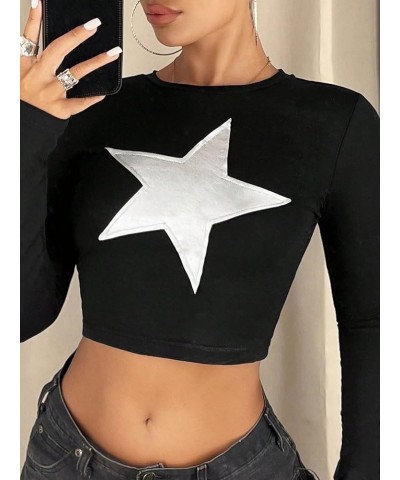 Women's Y2k Tops Star Print Crewneck Long Sleeve Crop Top Casual Slim Fit T Shirt Black $9.00 T-Shirts