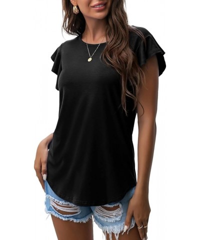 Women's Tops Summer Casual Ruffle Short Sleeves Knit Shirts Round Neck Tunic Top for Women 2024 Fashion Trend Black $12.41 Tops