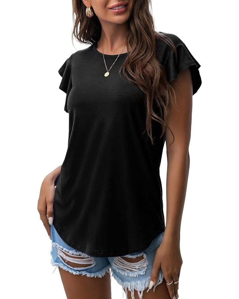 Women's Tops Summer Casual Ruffle Short Sleeves Knit Shirts Round Neck Tunic Top for Women 2024 Fashion Trend Black $12.41 Tops