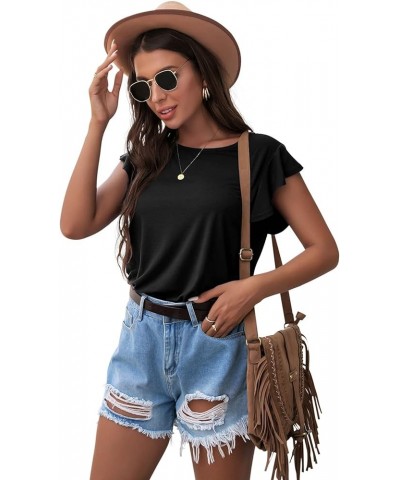 Women's Tops Summer Casual Ruffle Short Sleeves Knit Shirts Round Neck Tunic Top for Women 2024 Fashion Trend Black $12.41 Tops