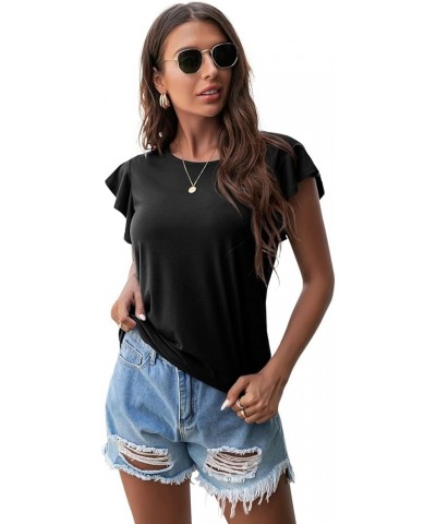 Women's Tops Summer Casual Ruffle Short Sleeves Knit Shirts Round Neck Tunic Top for Women 2024 Fashion Trend Black $12.41 Tops