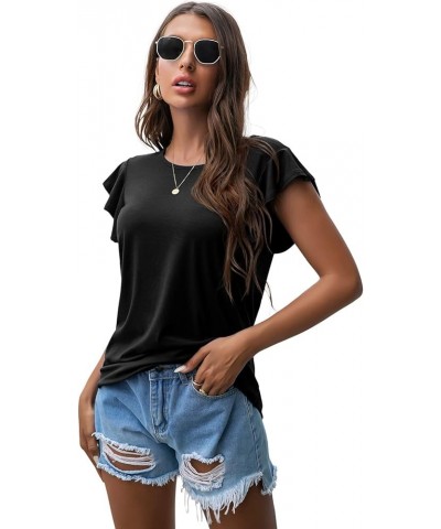 Women's Tops Summer Casual Ruffle Short Sleeves Knit Shirts Round Neck Tunic Top for Women 2024 Fashion Trend Black $12.41 Tops