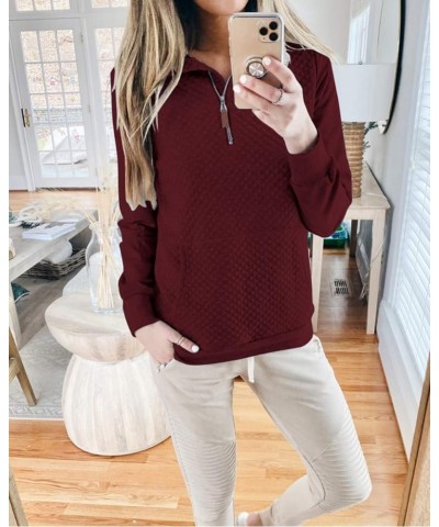 Women Fashion Quilted Pattern Lightweight Zipper Long Sleeve Plain Casual Ladies Sweatshirts Pullovers Shirts Tops Wine Red $...