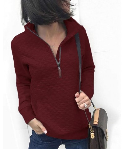 Women Fashion Quilted Pattern Lightweight Zipper Long Sleeve Plain Casual Ladies Sweatshirts Pullovers Shirts Tops Wine Red $...