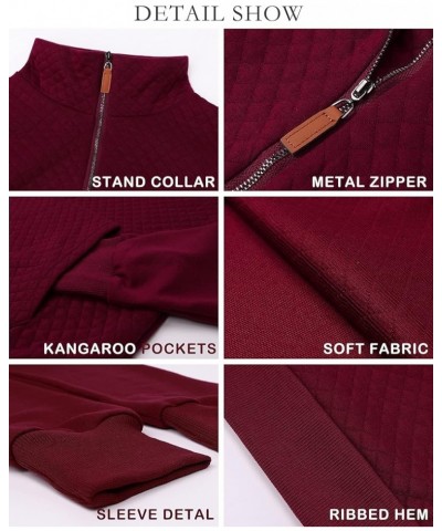 Women Fashion Quilted Pattern Lightweight Zipper Long Sleeve Plain Casual Ladies Sweatshirts Pullovers Shirts Tops Wine Red $...