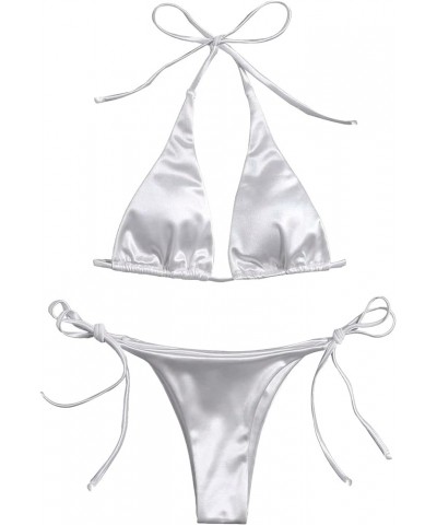 Women's Triangle Halter Top & Tie Side Thong 2 Piece Bikini Sexy Swimsuit Satin White $17.04 Swimsuits