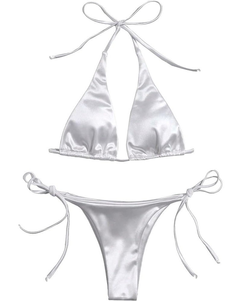 Women's Triangle Halter Top & Tie Side Thong 2 Piece Bikini Sexy Swimsuit Satin White $17.04 Swimsuits