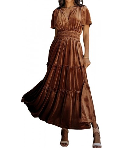 Women's Fall Winter Vintage Velvet Dress Short Sleeve V Neck Elastic Waist Tiered Ruffle A-Line Flowy Maxi Dress Brown $26.67...