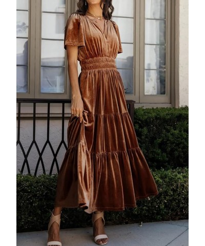 Women's Fall Winter Vintage Velvet Dress Short Sleeve V Neck Elastic Waist Tiered Ruffle A-Line Flowy Maxi Dress Brown $26.67...