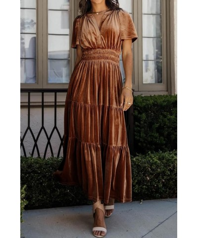 Women's Fall Winter Vintage Velvet Dress Short Sleeve V Neck Elastic Waist Tiered Ruffle A-Line Flowy Maxi Dress Brown $26.67...