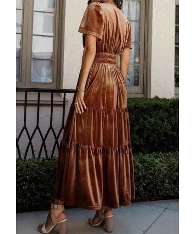 Women's Fall Winter Vintage Velvet Dress Short Sleeve V Neck Elastic Waist Tiered Ruffle A-Line Flowy Maxi Dress Brown $26.67...