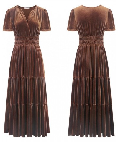 Women's Fall Winter Vintage Velvet Dress Short Sleeve V Neck Elastic Waist Tiered Ruffle A-Line Flowy Maxi Dress Brown $26.67...