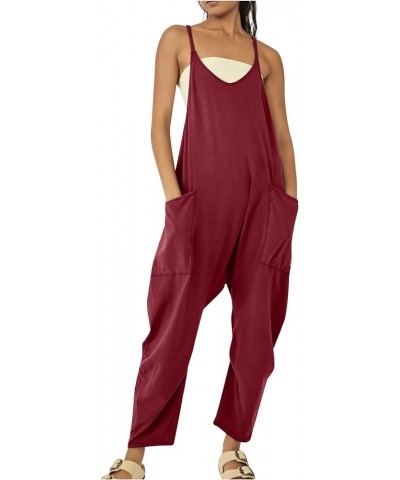 Womens V Neck Spaghetti Strap Jumpsuits with Two Pockets Wide Leg Loose Fit Jumpers Casual Baggy Long Jumpsuit Rompers Red 8 ...