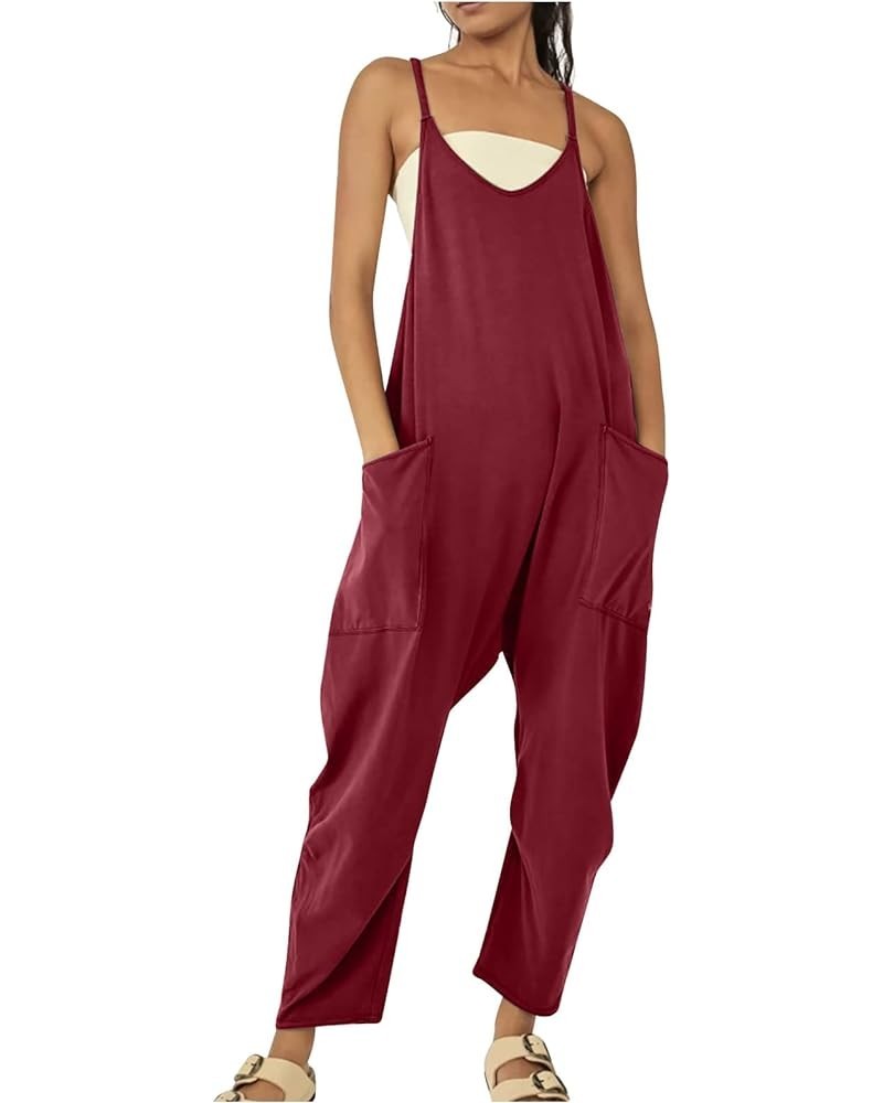 Womens V Neck Spaghetti Strap Jumpsuits with Two Pockets Wide Leg Loose Fit Jumpers Casual Baggy Long Jumpsuit Rompers Red 8 ...