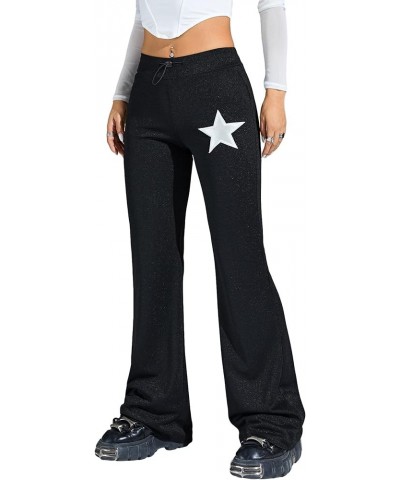 Women's Star Print Flare Leg Pants Drawstring Elastic Waist Casual Long Pants Black Star $16.63 Pants