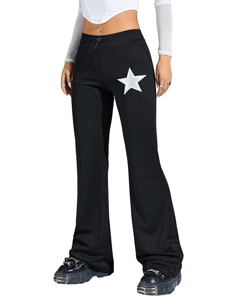 Women's Star Print Flare Leg Pants Drawstring Elastic Waist Casual Long Pants Black Star $16.63 Pants