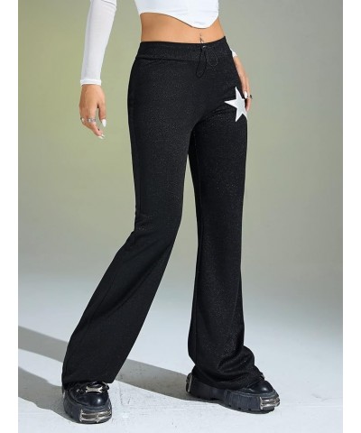 Women's Star Print Flare Leg Pants Drawstring Elastic Waist Casual Long Pants Black Star $16.63 Pants