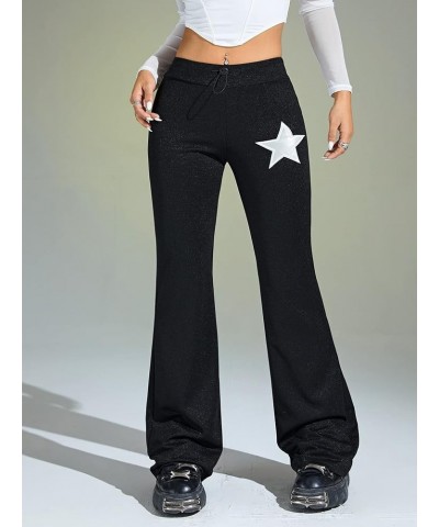 Women's Star Print Flare Leg Pants Drawstring Elastic Waist Casual Long Pants Black Star $16.63 Pants