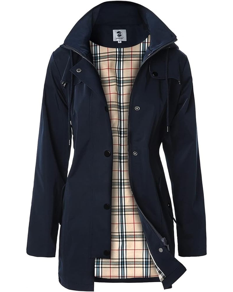 Women's Long Hooded Rain Jacket Outdoor Raincoat Windbreaker X-Large Navy Blue $31.20 Coats