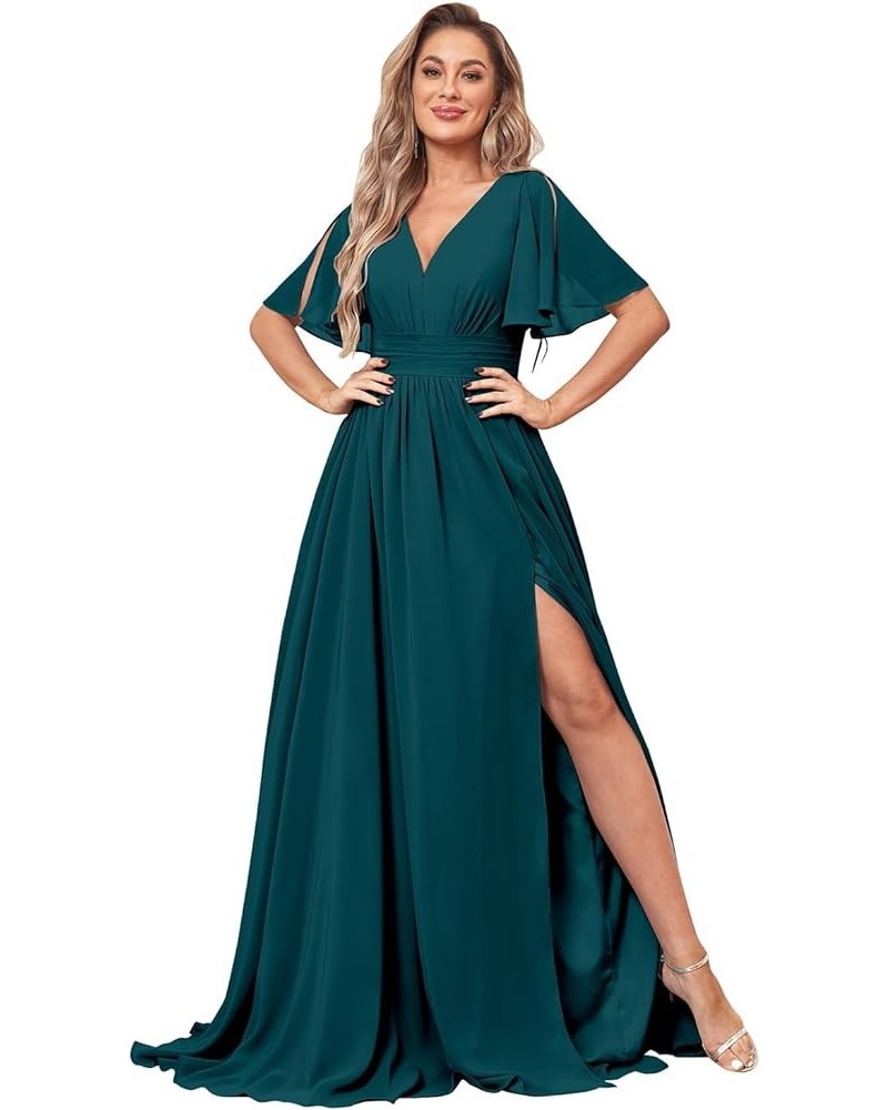 Women's Flutter Sleeve V Neck Bridesmaid Dresses with Pockets Long Empire Waist Split Formal Dress YG236 Peacock $30.79 Dresses