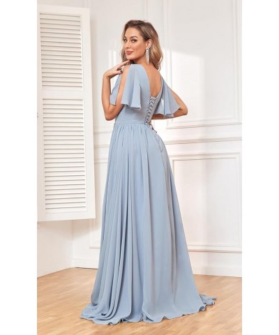 Women's Flutter Sleeve V Neck Bridesmaid Dresses with Pockets Long Empire Waist Split Formal Dress YG236 Peacock $30.79 Dresses