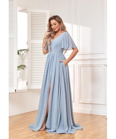 Women's Flutter Sleeve V Neck Bridesmaid Dresses with Pockets Long Empire Waist Split Formal Dress YG236 Peacock $30.79 Dresses