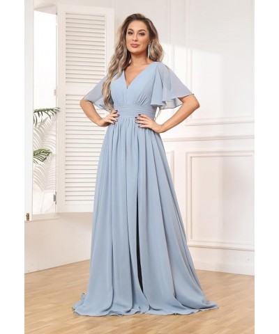 Women's Flutter Sleeve V Neck Bridesmaid Dresses with Pockets Long Empire Waist Split Formal Dress YG236 Peacock $30.79 Dresses