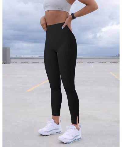 Women 2 Piece Leggings Workout Tights Tummy Control Ribbed Gym Exercise Girl Yoga Pants Black Darkgrey $10.50 Pants