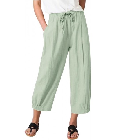 Women's Casual Pants Summer Wide Leg Capris Drawstring Elastic High Waist Cotton Cropped Trousers with Pockets Light Green $1...