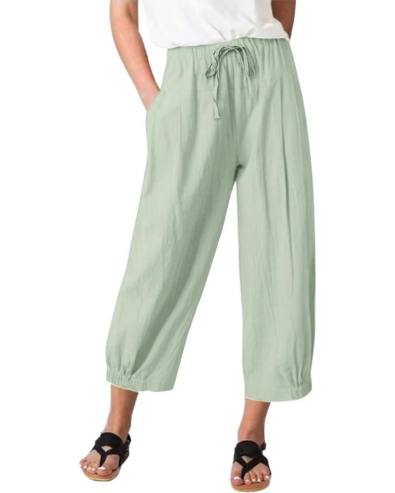 Women's Casual Pants Summer Wide Leg Capris Drawstring Elastic High Waist Cotton Cropped Trousers with Pockets Light Green $1...