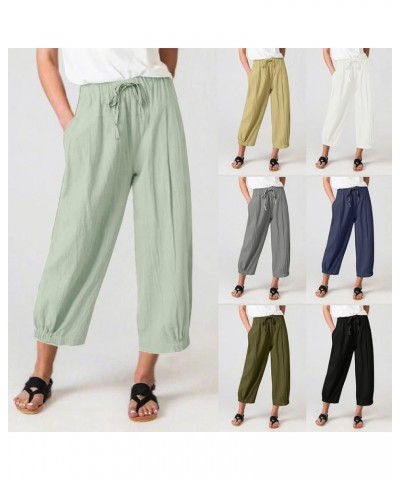 Women's Casual Pants Summer Wide Leg Capris Drawstring Elastic High Waist Cotton Cropped Trousers with Pockets Light Green $1...