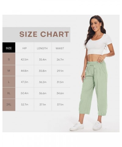 Women's Casual Pants Summer Wide Leg Capris Drawstring Elastic High Waist Cotton Cropped Trousers with Pockets Light Green $1...