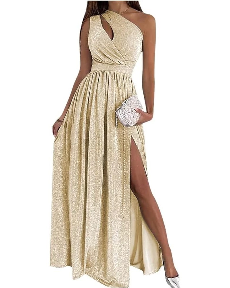 Glitter One Shoulder Prom Dresses Keyhole Satin Bridesmaid Dress Sparkly Pleated Formal Evening Gowns with Slit Champagne $32...