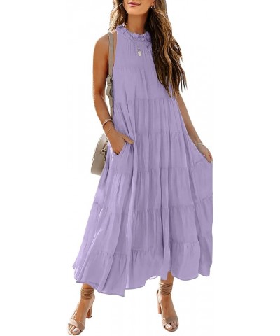 Womens 2024 Summer Sleeveless Halter Maxi Dress Pleated Tiered Swing Beach Long Dresses Sundress Lightpurple $29.57 Dresses