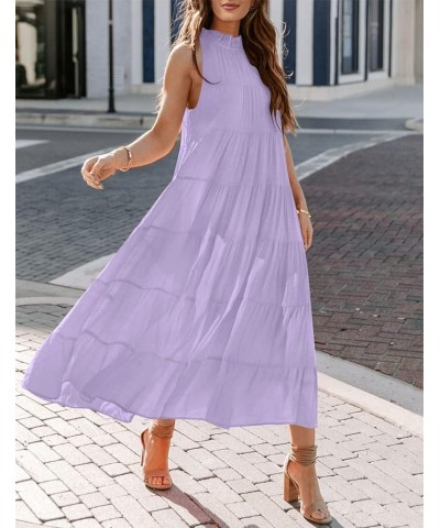 Womens 2024 Summer Sleeveless Halter Maxi Dress Pleated Tiered Swing Beach Long Dresses Sundress Lightpurple $29.57 Dresses