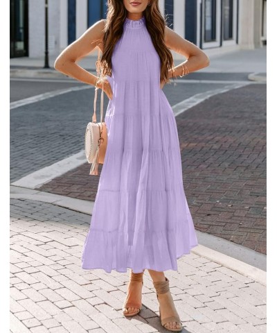 Womens 2024 Summer Sleeveless Halter Maxi Dress Pleated Tiered Swing Beach Long Dresses Sundress Lightpurple $29.57 Dresses